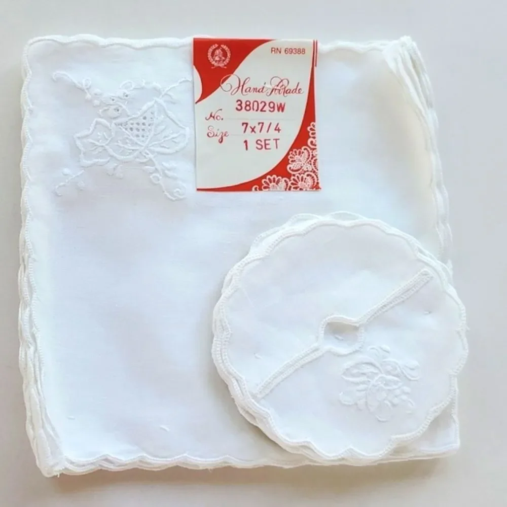 NWT EMBROIDERED LINEN COCKTAIL NAPKINS WINE STEM SLIPPER COVERS VINTAGE WHITE
